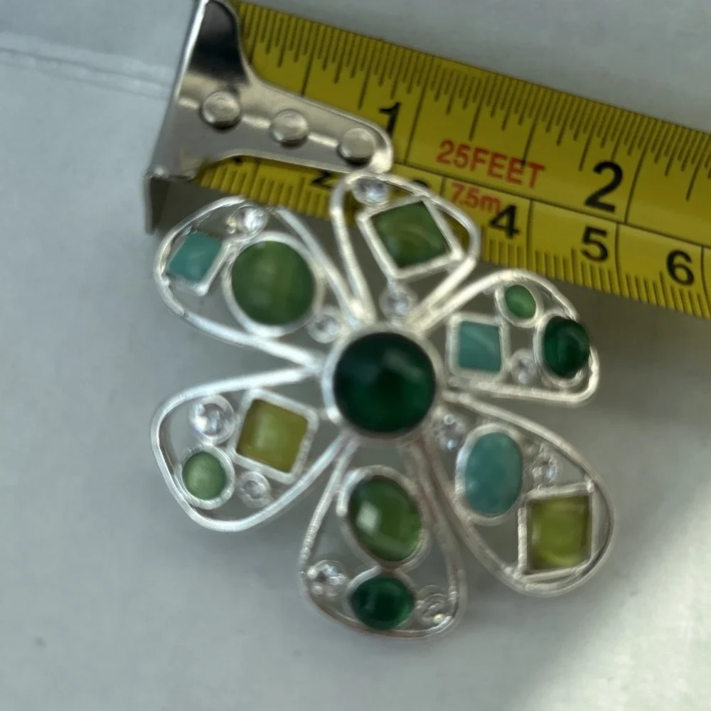 Vintage Flower Outline Blue Green Rhinestones /Cabochons  Silver Brooch classic